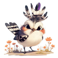 Obraz premium Colorful cartoon bird character in a whimsical flower field illustration