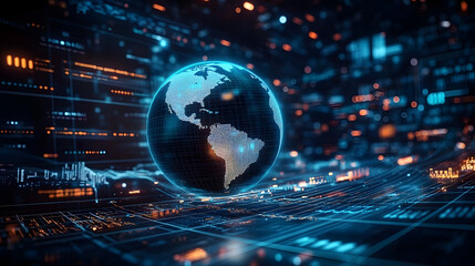 A digital representation of the Earth surrounded by data visuals and graphs in a futuristic financial setting at night