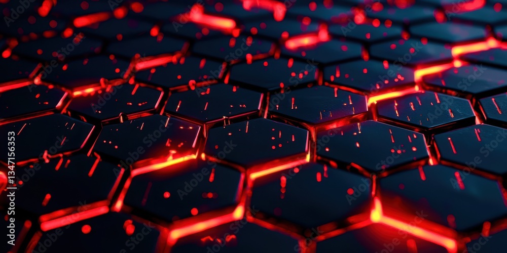 Poster A close up of a black and red hexagonal pattern with red glowing lines