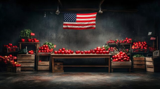Empty farmers market stand showcases fresh produce alongside American flag