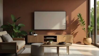 A blank TV screen on a brown wall, a wooden TV stand with plants on top, and a small table in the living room