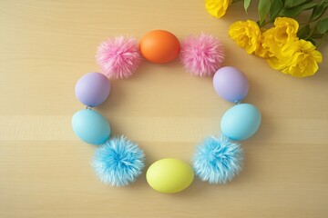Obraz premium Colorful circle of Easter eggs surrounded by cheerful decorations Generative AI