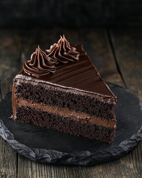 Chocolate food Devil's Cake on dark wooden background. National Devil's Food Cake Day