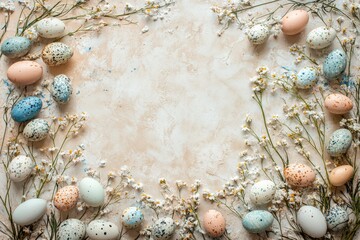Obraz premium Decorative frame created from painted eggs and delicate flowers Generative AI