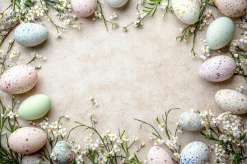 Obraz premium Colorful painted eggs create a beautiful frame with delicate flowers Generative AI