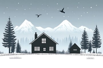 Silhouette of a Cabin in the Winter Wonderland Surrounded by Snowy Mountains