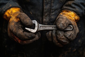 Close-up of a person holding a worn adjustable wrench in calloused hands, showcasing heavy-duty work gloves and a textured background