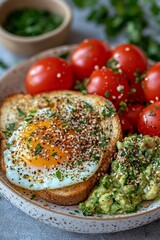 Delicious Breakfast: Toast with Guacamole and Fried Egg