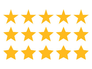 Various Five stars Rating set. Minimalist yellow flat star rating graphic. Ideal for business review systems, customer feedback, evaluations, quality assessment