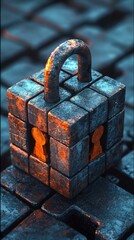 Blockchain Cube with Cybersecurity Padlock Digital Lock