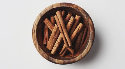 Cinnamon sticks in wooden bowl, overhead view, white background, food ingredient