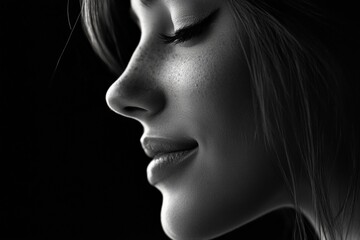 Smiling woman gazing down with a natural expression under soft light Generative AI
