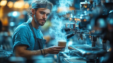 Modern Coffee Shop with Close-Up of Barista Preparing Coffee