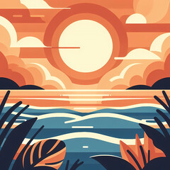 Obraz premium Flat vector illustration of a sunset over the ocean, featuring a warm color gradient, clean and simple design, and a peaceful seascape, representing tranquility, relaxation, and tropical travel.
