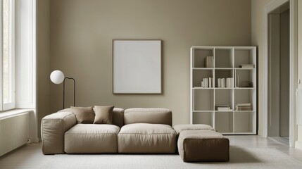 Fototapeta premium Beige Modular Sofa in Minimalist Living Room with White Shelving