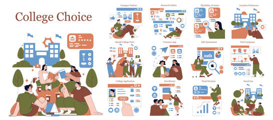 College Choice Set. Flat Vector Illustration