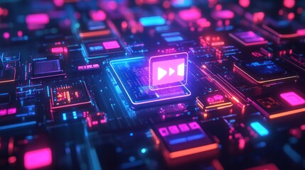 Fototapeta premium Play button on glowing circuit board