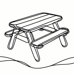 Continuous one-line drawing of a picnic table, simple flowing lines forming an abstract representation of an outdoor seating area.