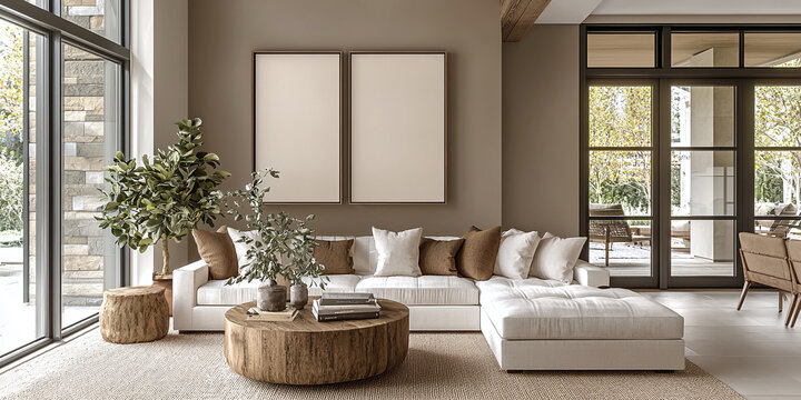 Comfortable living room with cozy creamy color sofa. Mocha mousse beige taupe wall background with two frames mockup for art. Modern interior design lounge home. AI