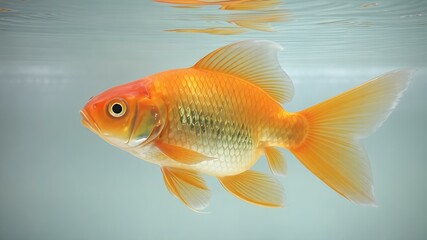 Fototapeta premium Goldfish in the Aqua: A close-up of a vibrant goldfish gracefully gliding through crystal-clear water, showcasing its shimmering scales and elegant fins. 
