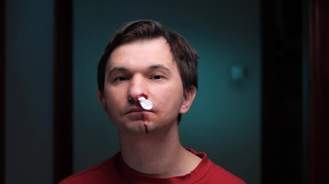 Man suffering nosebleed holding tissue against nostril