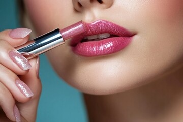 Woman applies shimmering lip color in a serene setting Generative AI