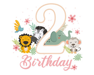 Cute Jungle Animals 2nd Birthday Clipart. Vector illistration.