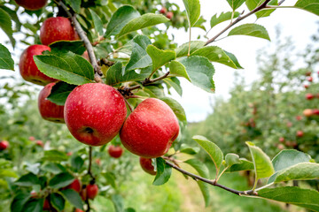 branch of ripening red apples hanging on tree in orchard garden