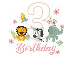 Cute Jungle Animals 3rd Birthday Clipart. Vector illistration.