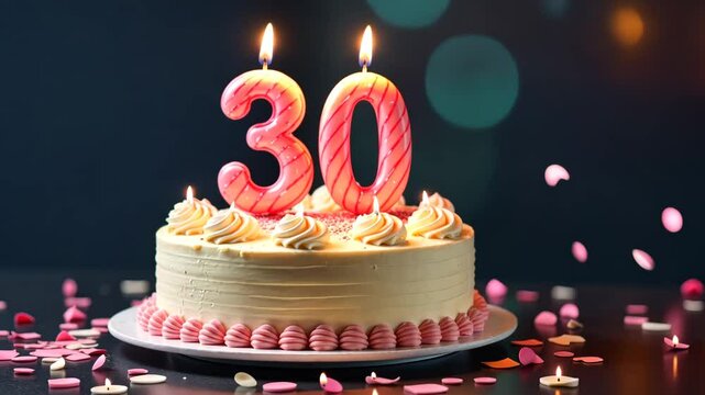 A delicious birthday cake with number thirty candles burning brightly. Concept of Celebration.
