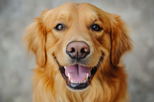 Golden retriever dog with tongue out, running joyfully in a green meadow, sunlight peeking through trees in the background.