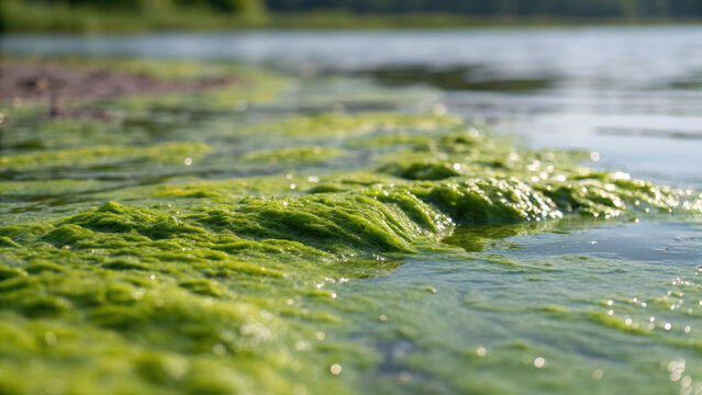 Close up of algae bloom covering water surface, showcasing vibrant green texture and natural beauty of ecosystem