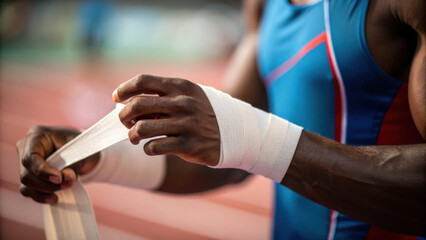 Athlete preparing for competition by taping wrist for support and protection, showcasing focus and determination