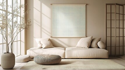 Fototapeta premium Cozy Japandi Style Living Room with Beige Sofa and Natural Decor
