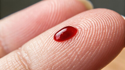 Fototapeta premium close up of blood droplet resting fingertip, showcasing intricate skin textures and vivid red hue. image evokes sense
