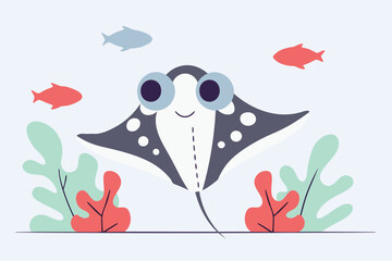Cute cartoon stingray swimming in the ocean amidst fish and coral vector illustration