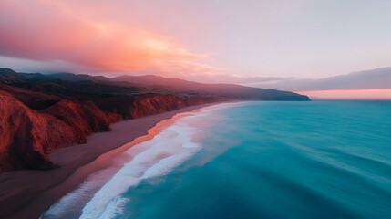 Aerial View of a Peaceful Ocean Beach at Sunset
