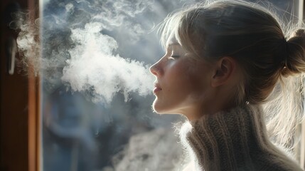 Winter Breath: A serene image of a woman exhaling in cold air, creating a cloud of breath near a window, conveying the peacefulness of a winter's day.