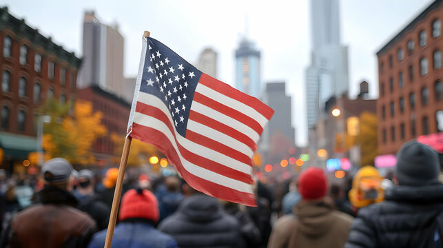 American Flag Held High Amidst a City Protest