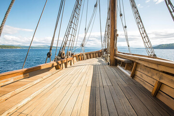 Ship deck overlooking calm sea on a sunny day Generative AI