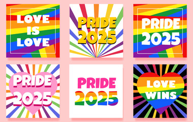 Set of Pride month 2025 logo card with flag. Vector banner, rainbow pride symbol with heart, LGBT, sexual minorities, gays and lesbians. Designer sign, logo 2025, icon colorful rainbow