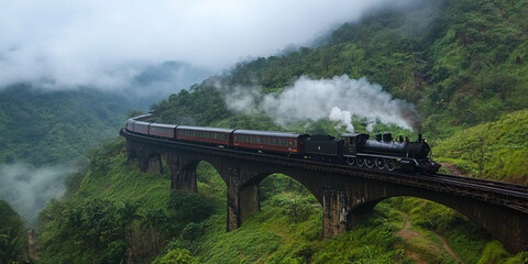 Naklejka premium Train travels through misty mountain valley at dawn Generative AI