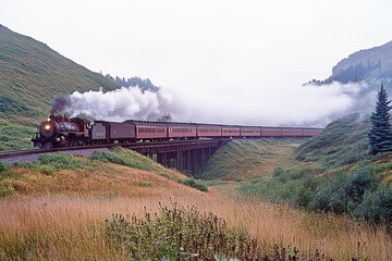 Train travels across bridge in misty mountain valley Generative AI