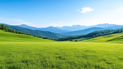 Fototapeta premium Lush green meadow stretches to a mountain range under a vibrant blue sky. A serene and peaceful landscape