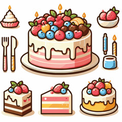 celebration, cake, vector, illustration, design, birthday, decoration, party, background, pink, dessert, delicious, sweet, colorful, card, bakery, cream, cute, holiday, vintage, chocolate, wedding, gr