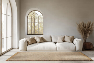 White couch in bright living room, large window.