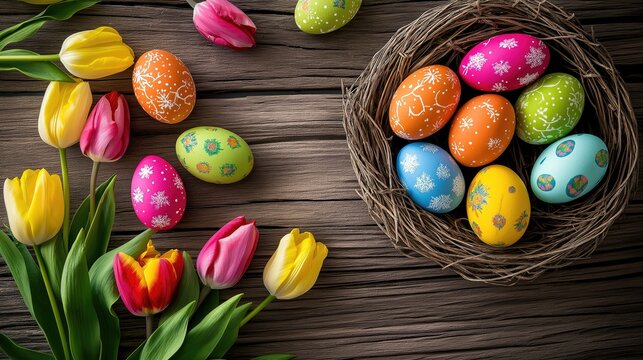 Delightful flat lay of colorful Easter eggs in a nest with blooming tulips on a wooden base, top view. Perfect for high-end holiday visual content

