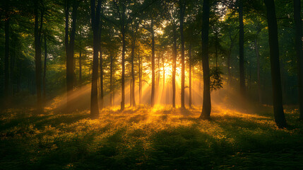Obraz premium An enchanting photography of a forest clearing in the evening, with golden sunlight streaming through the trees, casting intricate patterns of light and shadow on the ground.