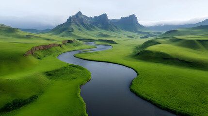 Fototapeta premium Aerial View of Serene River Winding Through Lush Green Valley and Mountains