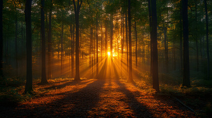 Fototapeta premium An enchanting photography of a forest clearing in the evening, with golden sunlight streaming through the trees, casting intricate patterns of light and shadow on the ground.
